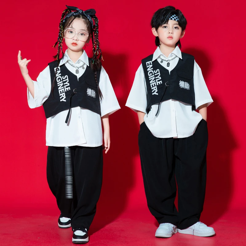 

Hip Hop Dance Costume Child Black Vest Pants Loose Shirt Boys Street Dancewear Girls Jazz Performance Outfit Concert BL9043