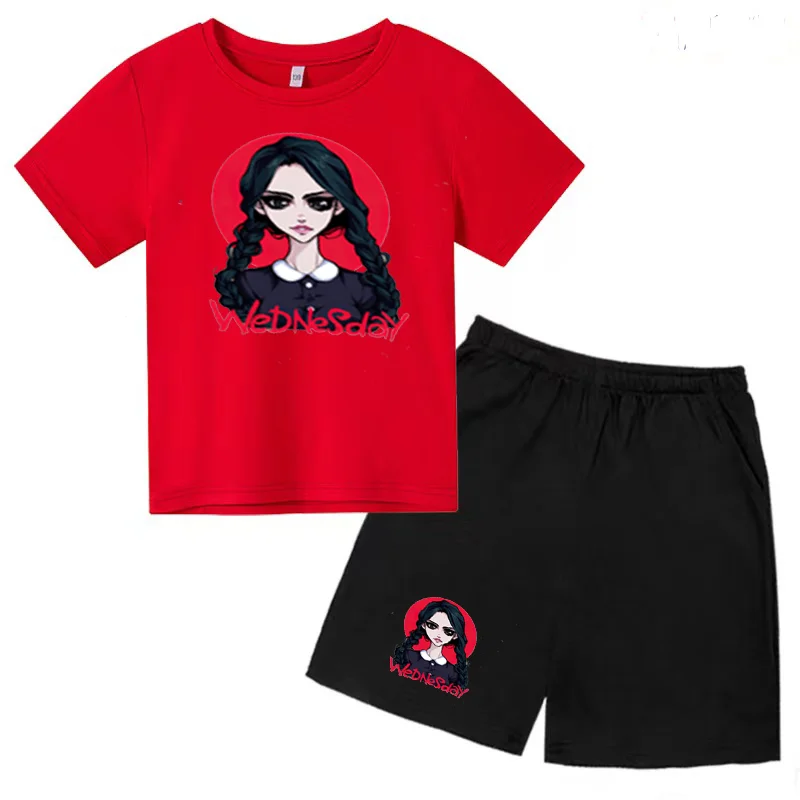 Red T-shirt Black Shorts Wednesday Adams Suit I Hate People Printed Cotton Kids Boys Casual Girls Birthday Clothes Summer Comfor