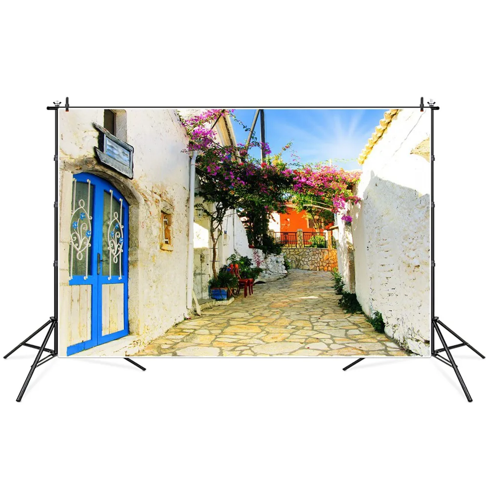 

Holiday Town Pathway Scenic Photography Backgrounds Custom Whiter House Wall Stone Street Party Decoration Photocall Backdrops
