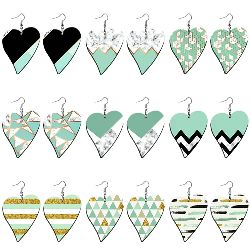 

Light Green Patchwork Pattern Acrylic Heart Drop Earrings For Women Stainless Steel Piercing Ear Hooks Jewelry Girls' Gift Z1490