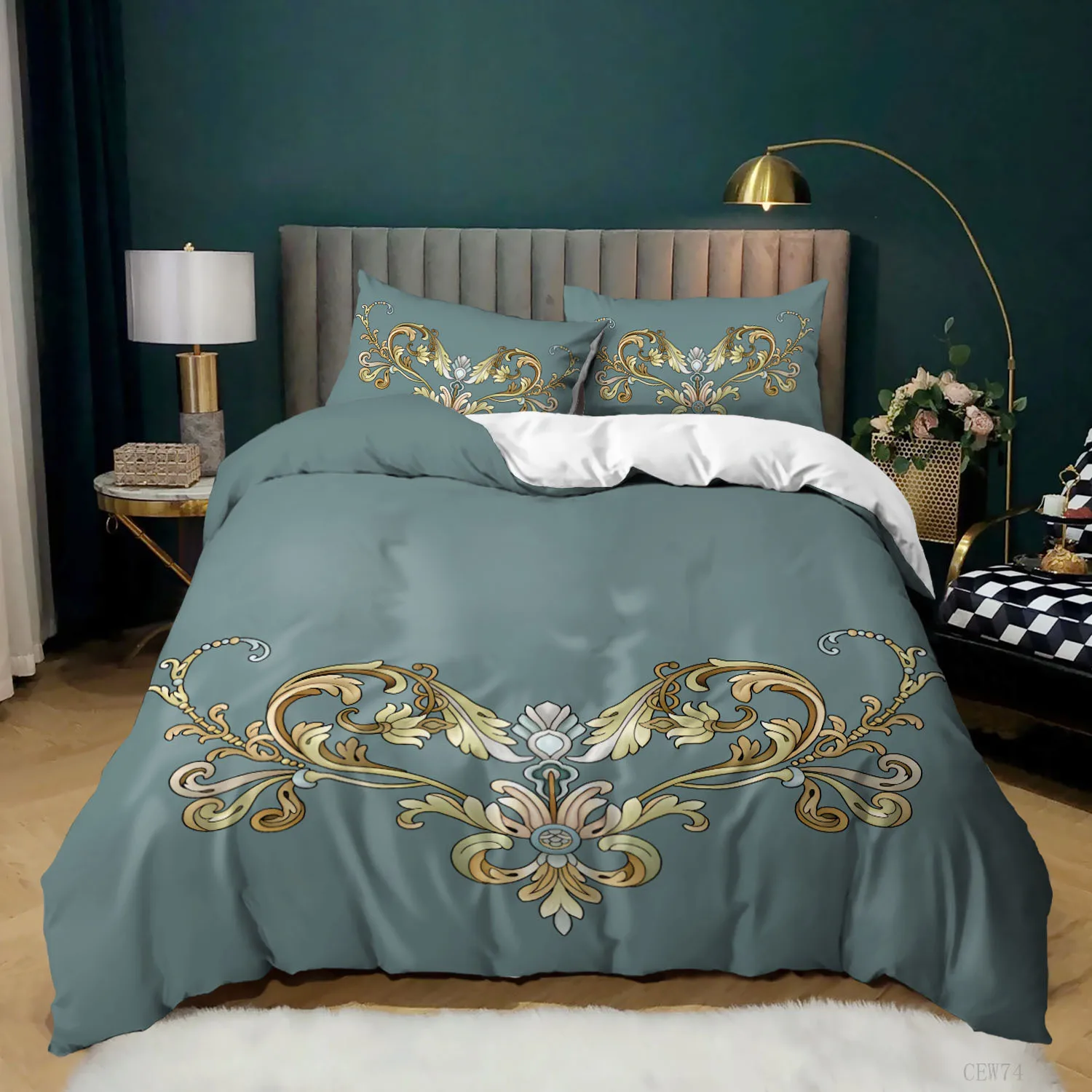 

Duvet Cover Set Green White 3 Piece Bedding Set Full/Queen/King Size, Luxury Simple Soft Comfortable Floral Print Quilt Cover