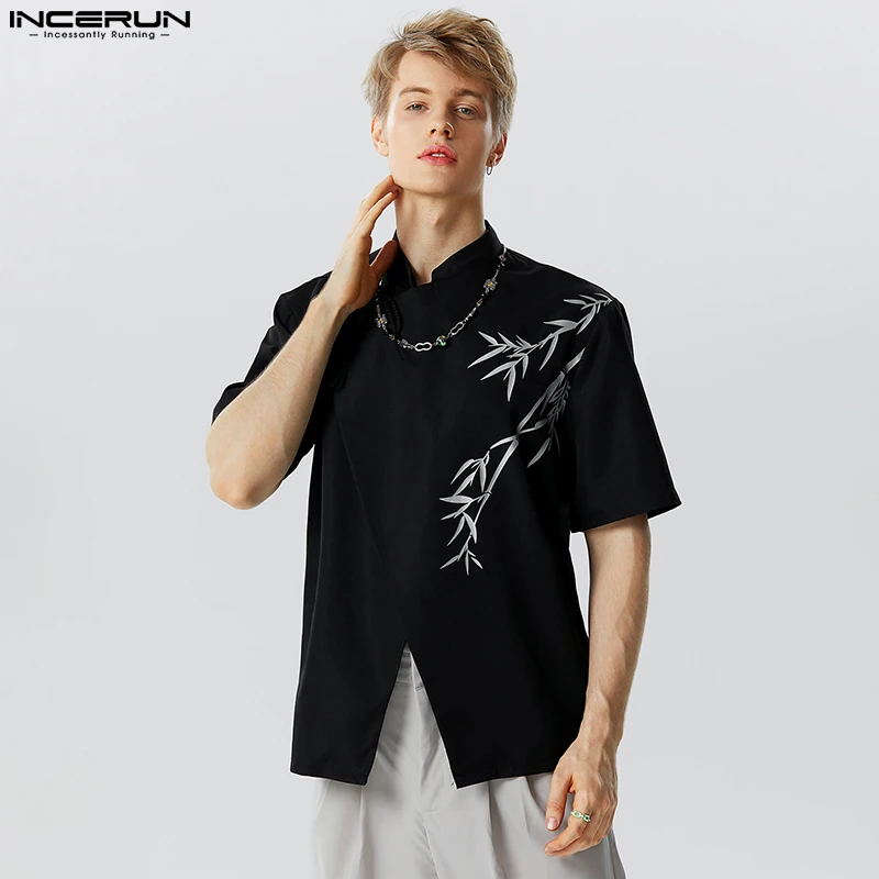 

New Men's Gradual Embroidery Bamboo Print Shirts Casual Diagonal Placket Buckle Short Sleeve Blouse S-5XL Chinoiserie Tops 2023