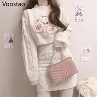 autumn winter sweet lolita style skirt sets japanese girls cute rabbit embroidery kintted sweater skirts spring women 2pc set