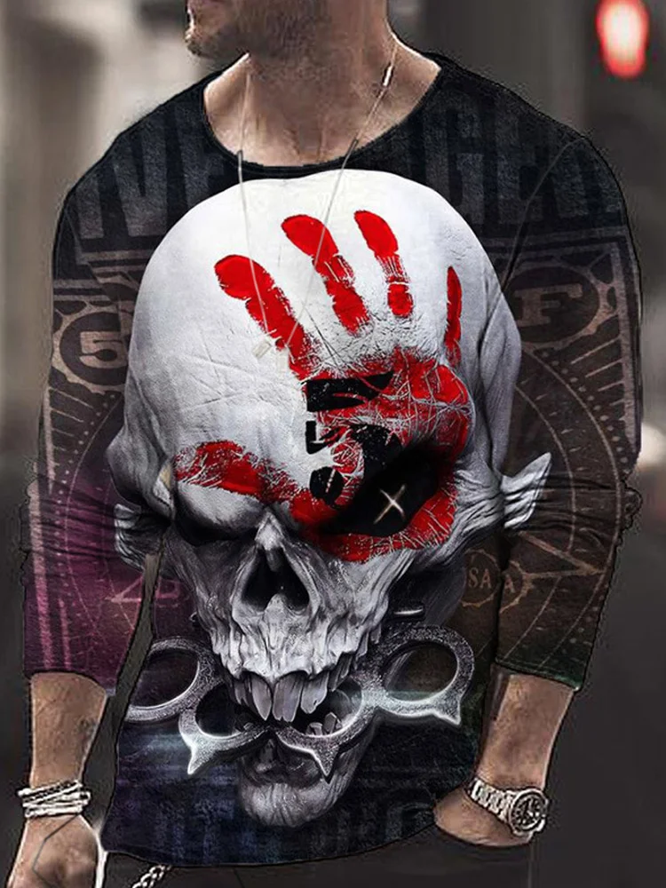 

2022 New Casual Men Loose O-Neck T-shirts Vintage Skull Printed Pullover Tops Mens Fashion Long Sleeve Tees Clothing Streetwear