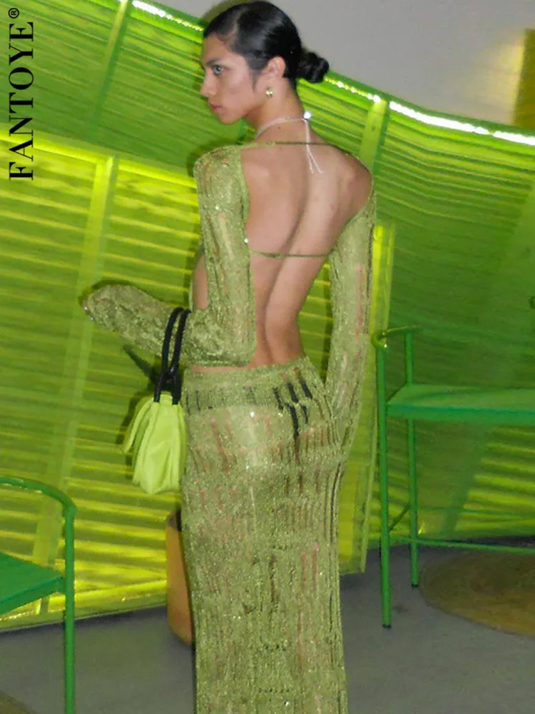 

Fantoye Knit Sexy Backless See Through Women Long Dress Green Long Sleeve Evening Maxi Dress Female Elegant Party Beachwear 2023