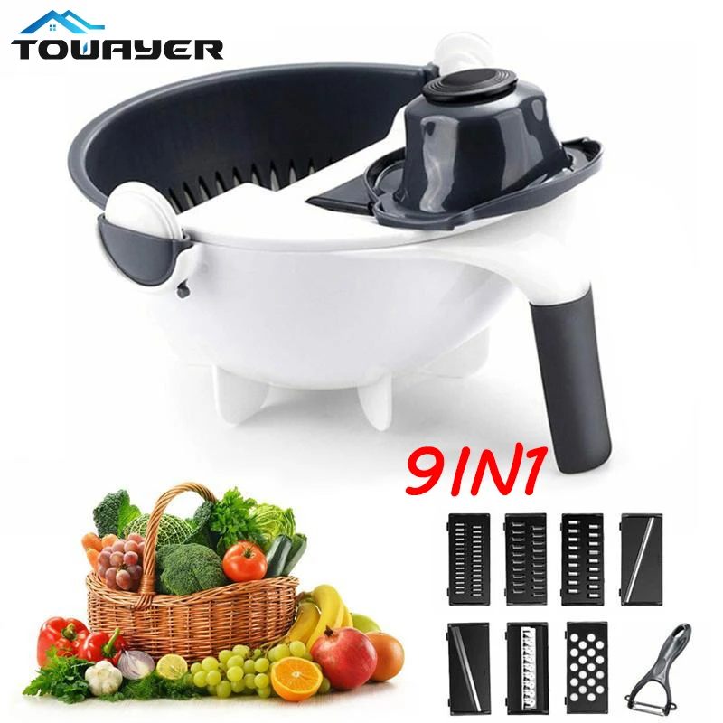 

9 in 1 Multifunctional Rotary Vegetable Cutter with Drain Basket Vegetable and Fruit Chopper Potato grater Kitchen Gadget