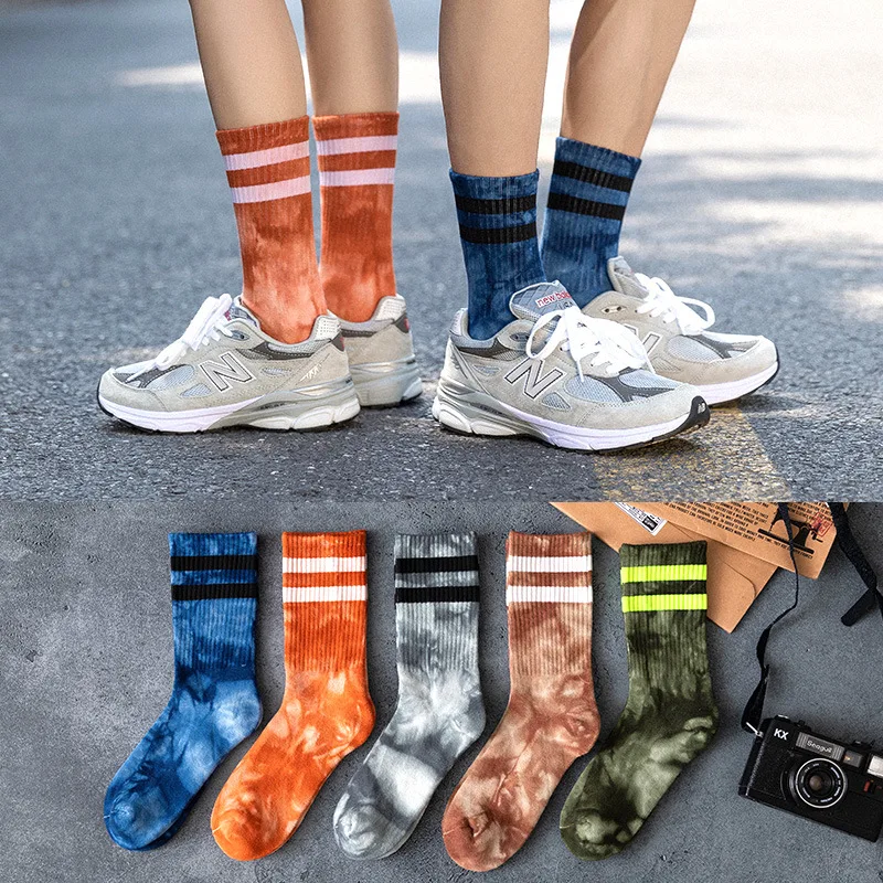 

Cotton men's autumn and winter striped tie-dye high-tube socks women's flat rose in the street