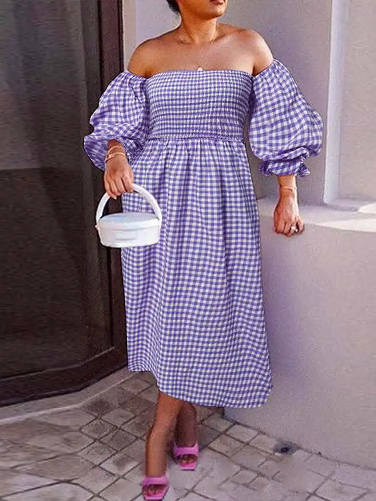 

Summer Off Shoulder Dress Women Sexy Plaid A-Line Dress VONDA 2022 Oversize Vintage Vestido Party Long Sundress Holiday Robe