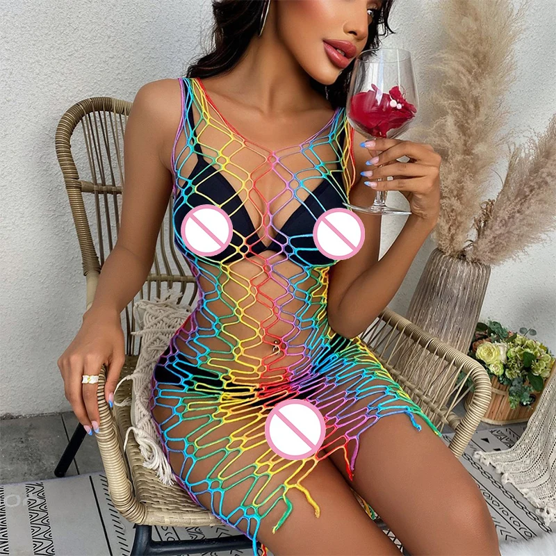 

Sexy Beach Dress Crochet Bikini Cover Up Fishnet Rainbow Hollow Out Mesh Dress Women Swimsuit See Through Swimwear Party Clothes