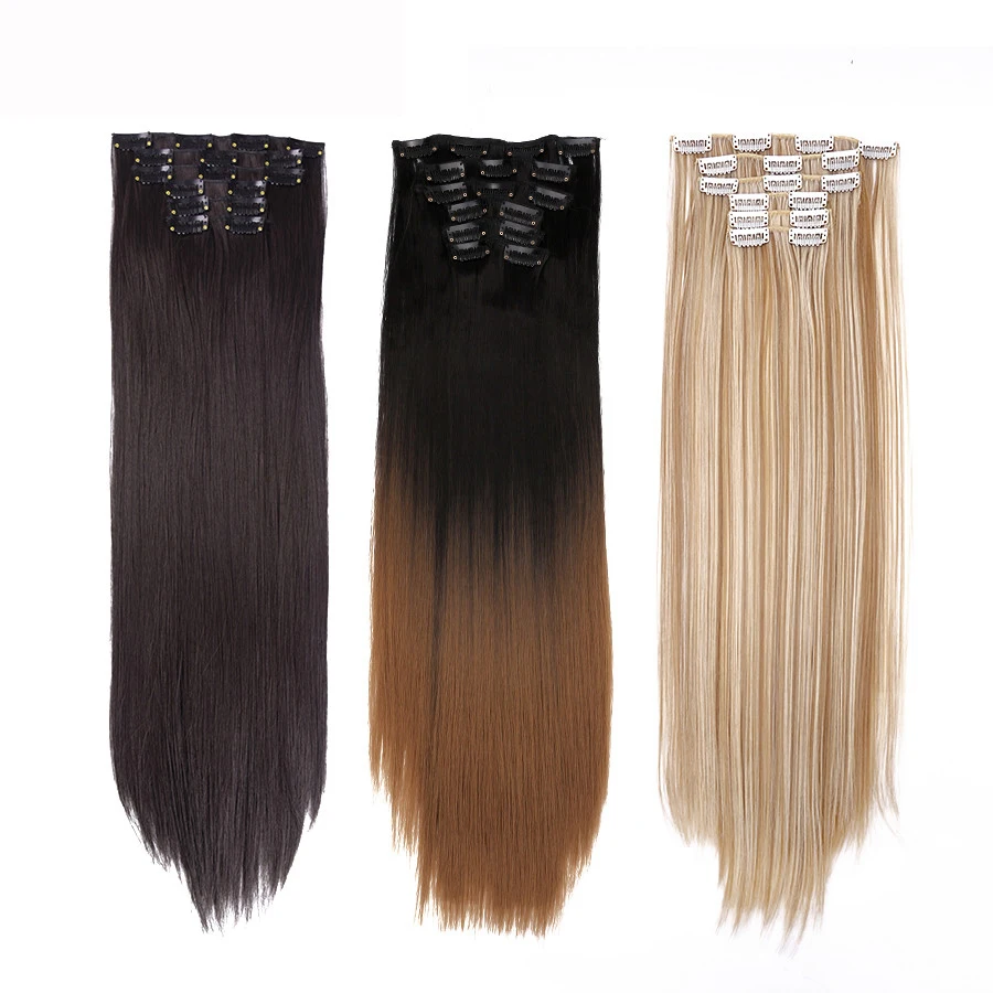 

Leeons Synthetic Clip On Hair Extension 6Pcs/Set 22inch Straight Hairpiece Curly 16 Clip In Hair Ombre Heat Resistant Fiber