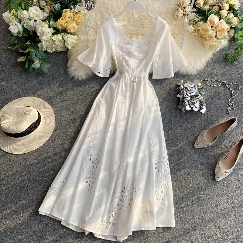 

Women Dress Flare Sleeve Dresses French Popular Temperament Square Collar Hollow Backless Ladies New Fashion Solid Maxi Dress