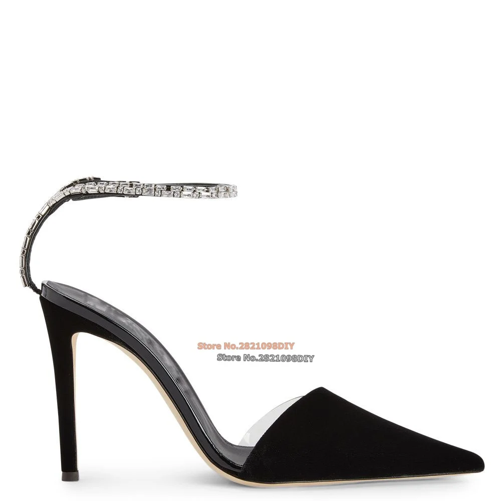 

Black Velvet with Pvc Matching Vinyl High Heel Dress Shoes Women Pointed Toe Crystal Coloured Ankle Strap Stiletto Heels Pumps
