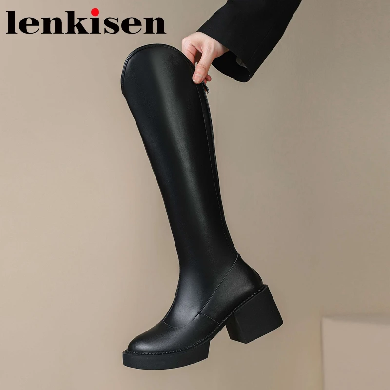 

Lenkisen 2023 Cow Leather Zipper High Heels Solid Stretch Long Boots Warm Winter Shoes Concise Platform Casual Mid-calf Boots