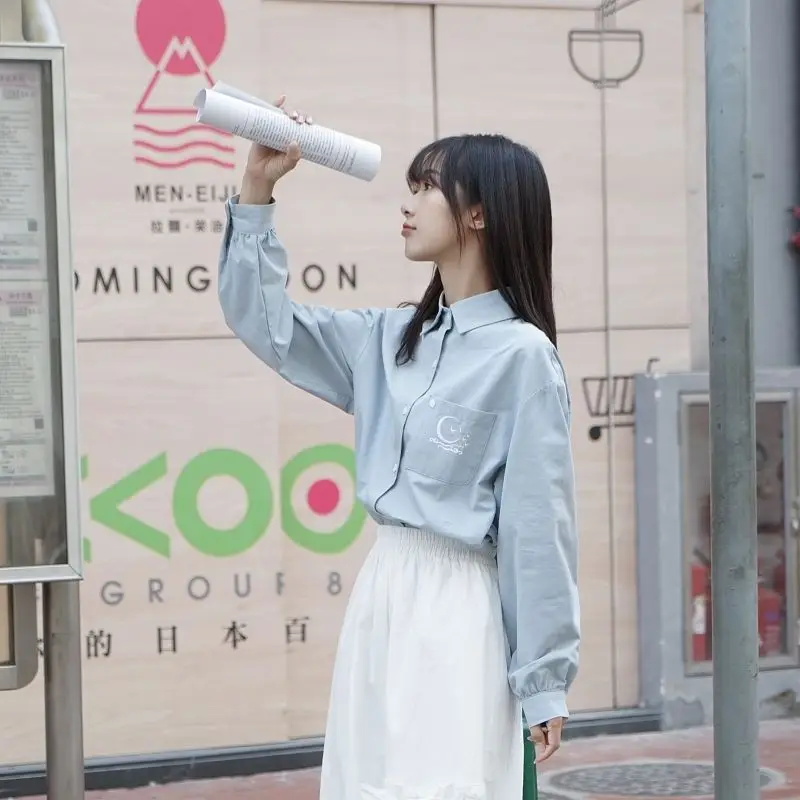 

Blue Shirt Women's 2023 Spring Autumn Long Sleeved Loose Woman Clothing Korean Style Clothes Top With Ties Womens Formal Trends