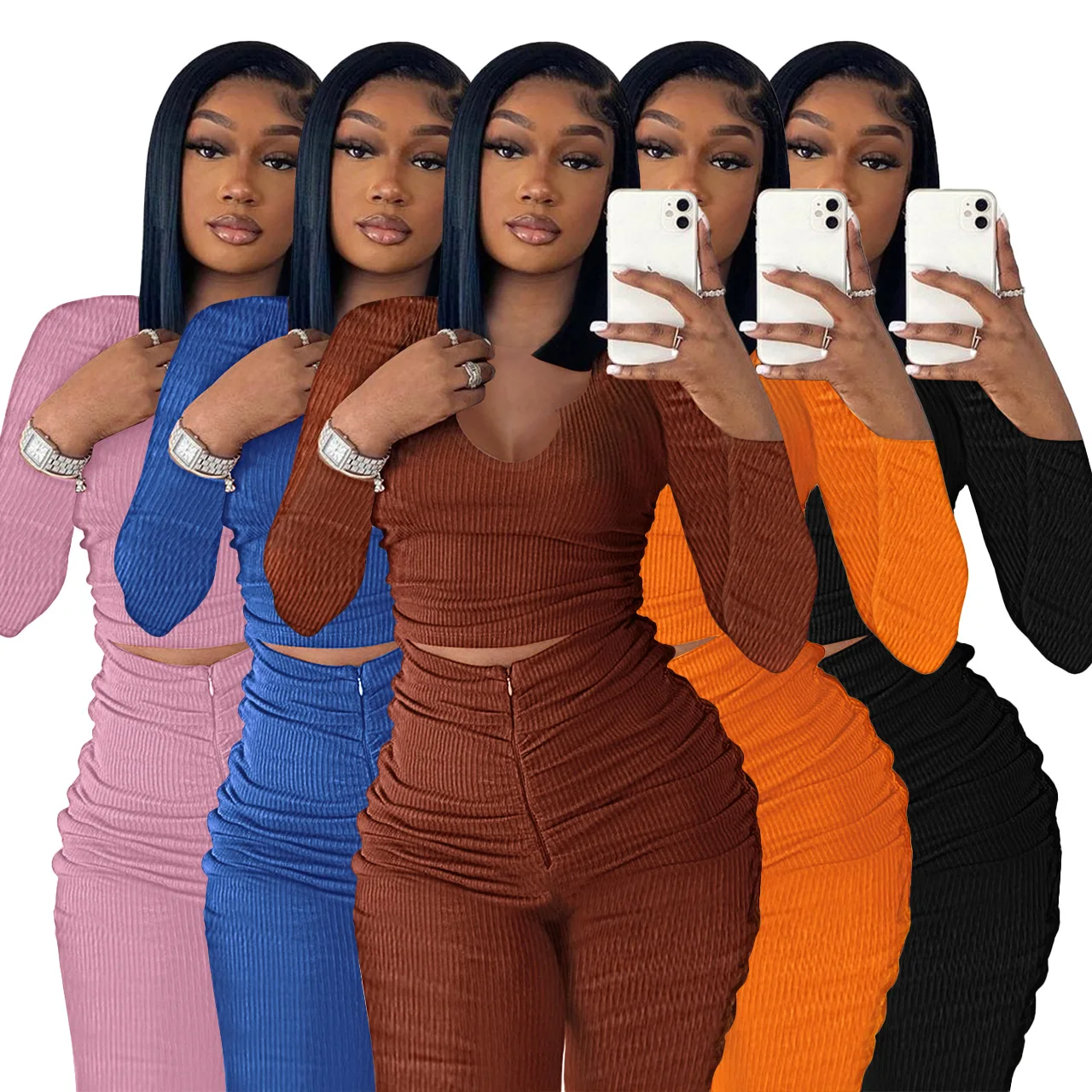 

Wishyear 2022 Fall Ribbed Knit Ruched Long Sleeve Crop Top and Trousers Two Piece Set for Women Casual Streetwear Outfits