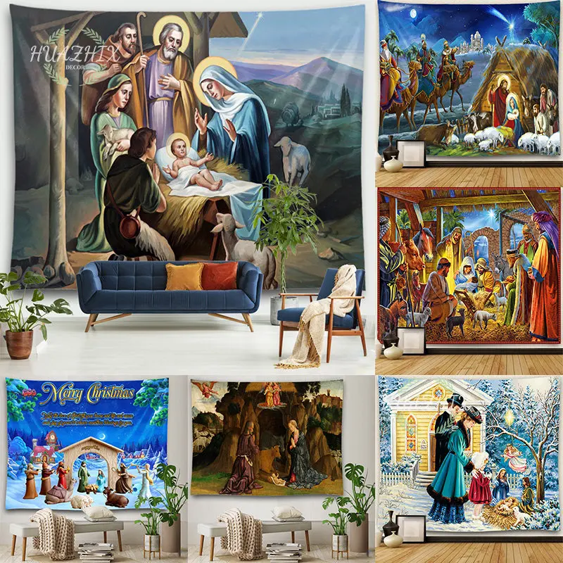 

Nativity Scene Tapestry Jesus Birth Manger Barn Wall Hanging Angel Easter Christmas Wall Decor Christ Tapestries Room Decoration