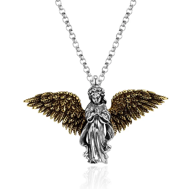 

Vintage S925 Sterling Silver Prayer Little Angel Wings Necklace Punk Cool Handsome Hip Hop INS Angel Pendant