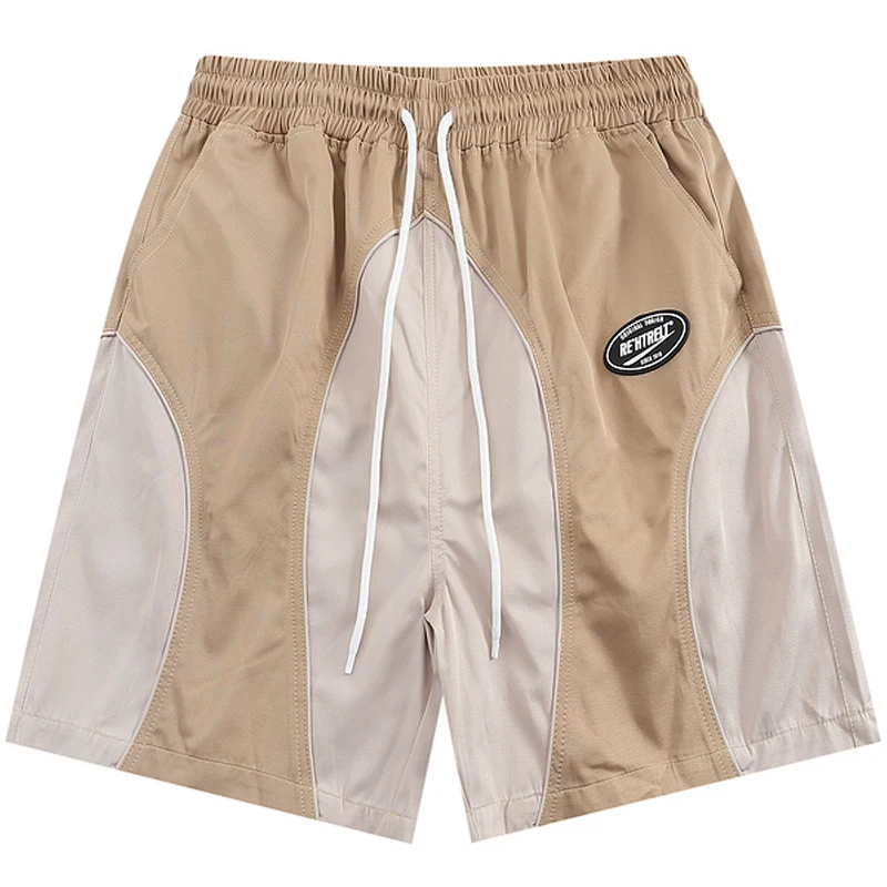 

2022 Summer Oversize Harajuku Drawstring Patchwork Shorts Men Casual Elastic Waist Retro Color Block Knee Length Shorts Trousers