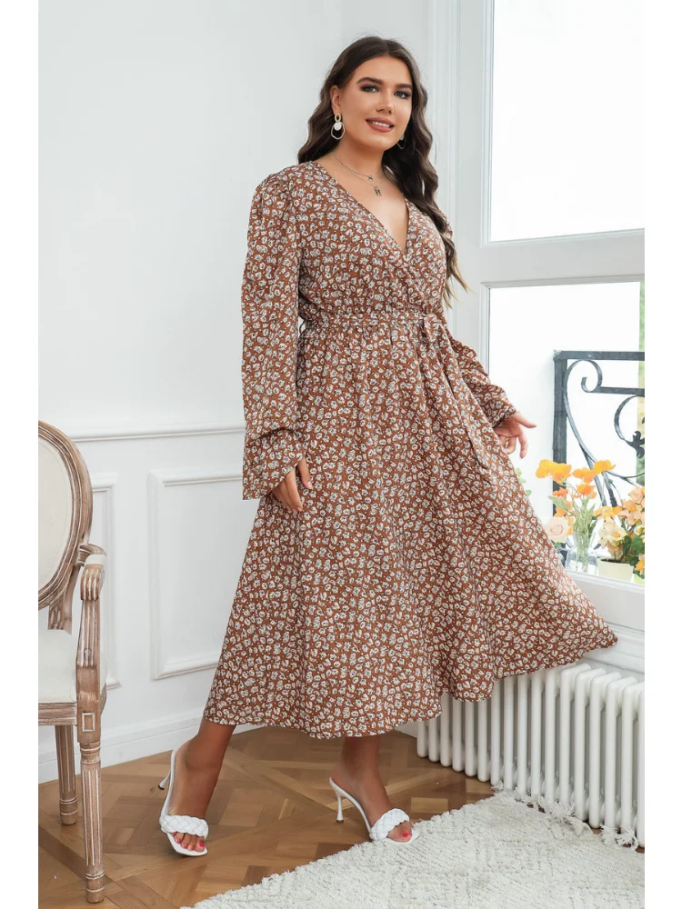 Summer New Large Fashion Foreigner Long Sleeve Skirt Slim Fragmented Flower Dress plus size dresses party dresses