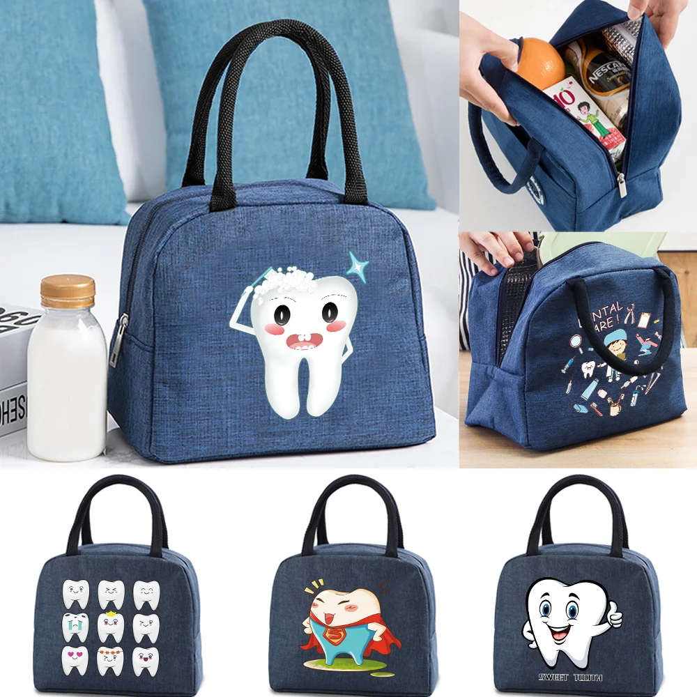 

Thermal Lunch Dinner Bags Canvas Handbag Picnic Travel Breakfast Box School Child Insulated Lunch Bag Teeth Print Tote Food Bag