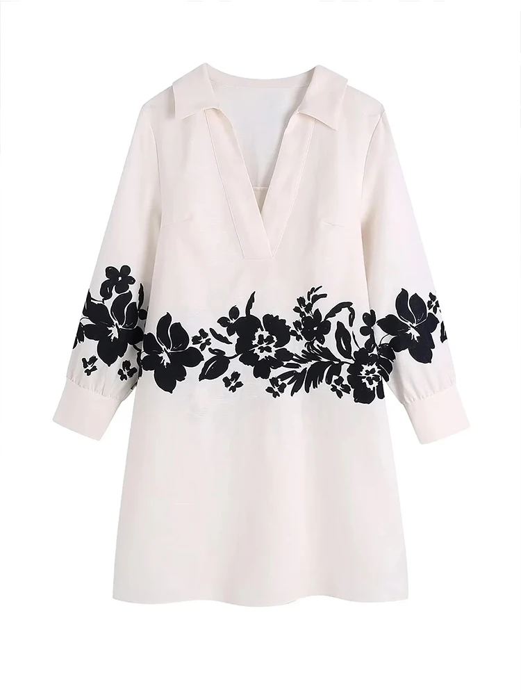 

TRAF Women 2022 summer New Chic Fashion flax blend floral print Dress Vintage Female Dresses Beach Mini Female Dress