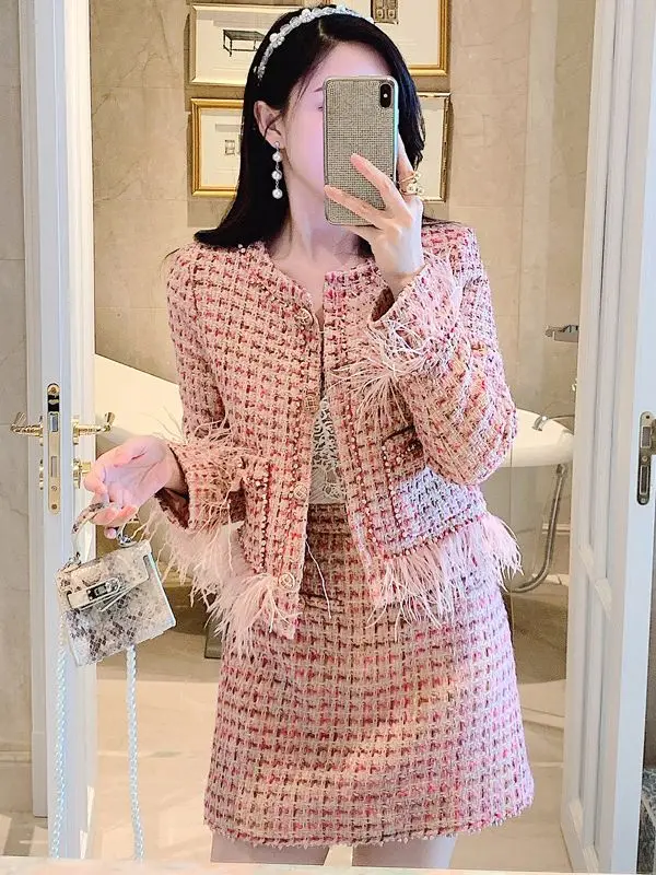 New Small Fragrance Tweed 2 Piece Set Women Feather Tassel Crop Top Jacket Coat+High WaistMini Skirt Suits Fall Winter Vintage