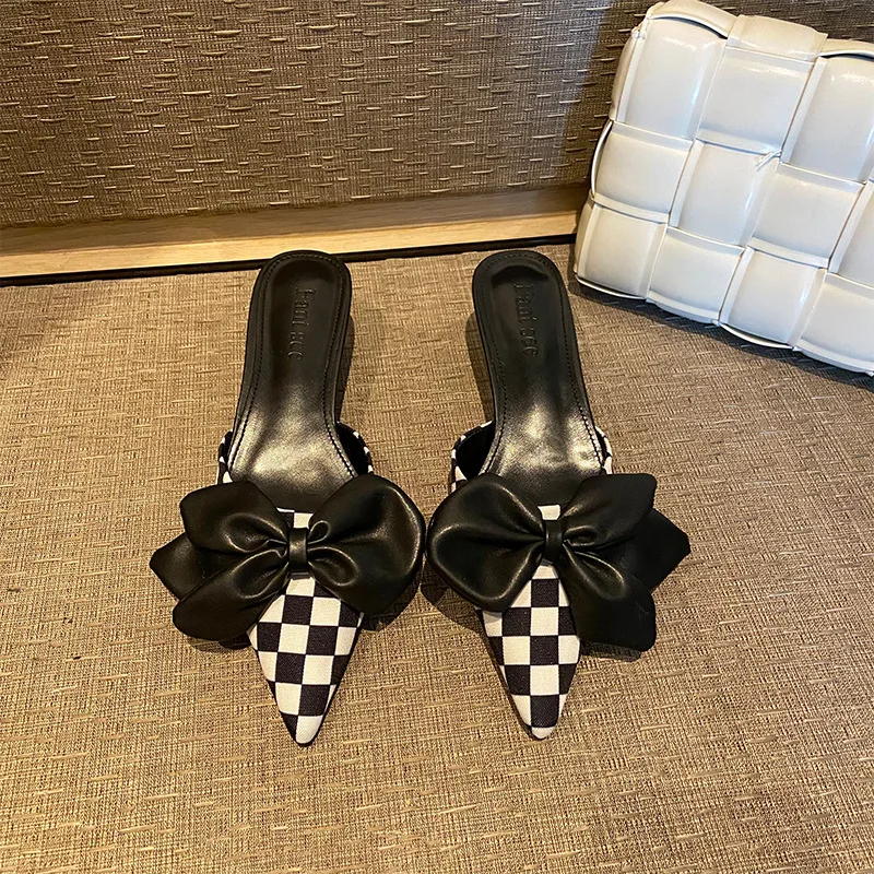 

New Women's Shoes 2022 Summer Plaid Cloth Pointed Toe Shallow Mouth Big Bow Stiletto Medium Heel Baotou Slippers Women