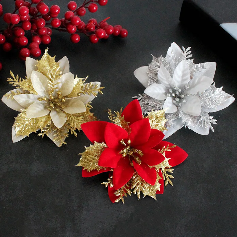 

Christmas Decorative Flowers 2024 Gold Silver Red Three Layer Simulated Flowers Christmas Tree Pendant Shooting Props Wholesale
