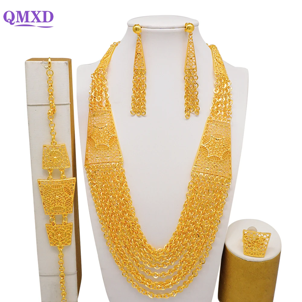 

Nigeria Dubai Gold Color Jewelry Set For Women African Wedding Tassel Necklace Bracelet Earrings Bohemia Indian Bridal Jewellery