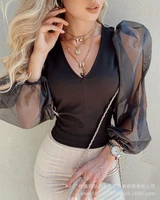 women mesh splicing puff sleeve tops 2022 summer fashion new sexy v neck slim top women elegant office lady black shirt
