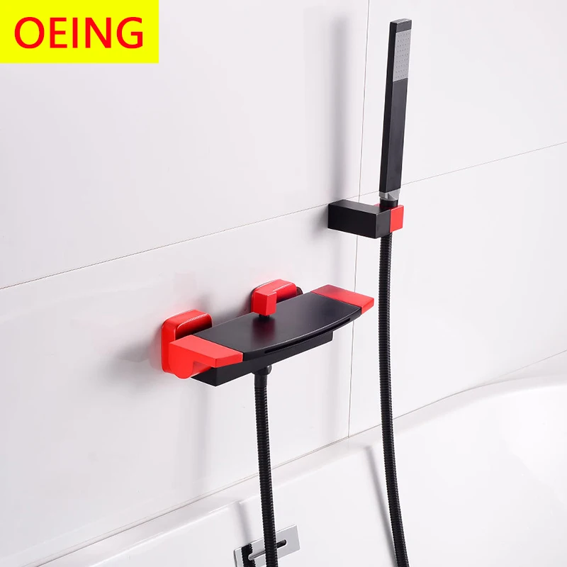 

Black Red Waterfall Bathtub Shower Faucets Hot Cold Bathtub Shower Faucet Concealed Wall Mounted Mixer Tub Tap