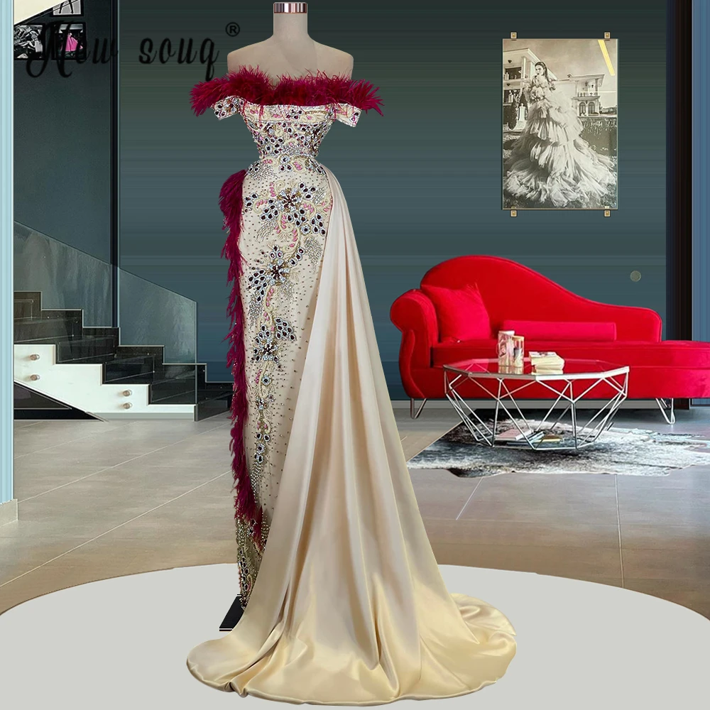 

Dubai Light Champagne Full Beaded Prom Gowns Luxury Feather Evening Dress for Wedding Party 2023 Vestido De Novia Arabic