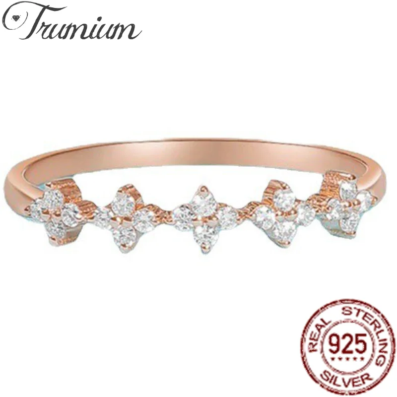 

Trumium 925 Sterling Silver Rose Gold Four-leaf clover Dainty rings for Women Row Zircon Engagement Wedding Bands Fine Jewelry