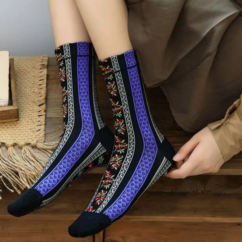 5 Pairs Ethnic Style Long Socks Women Fashion Cycling Cotton Winter Socks Cute Print Foot Cover Sexy Japan Designer Socks Woman