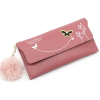 new women long butterfly wallets pure color wool ball fashion clutch bag female three fold card holder coin purse