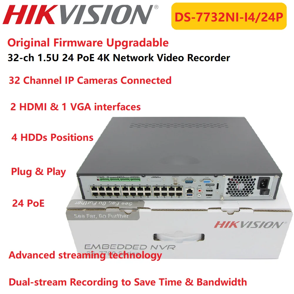 

Оригинальный Сетевой видеорегистратор Hikvision NVR DS-7732NI-I4/24P, 32 канала, 1,5 u, 4K, 24PoE, 4HDD, экономия времени записи