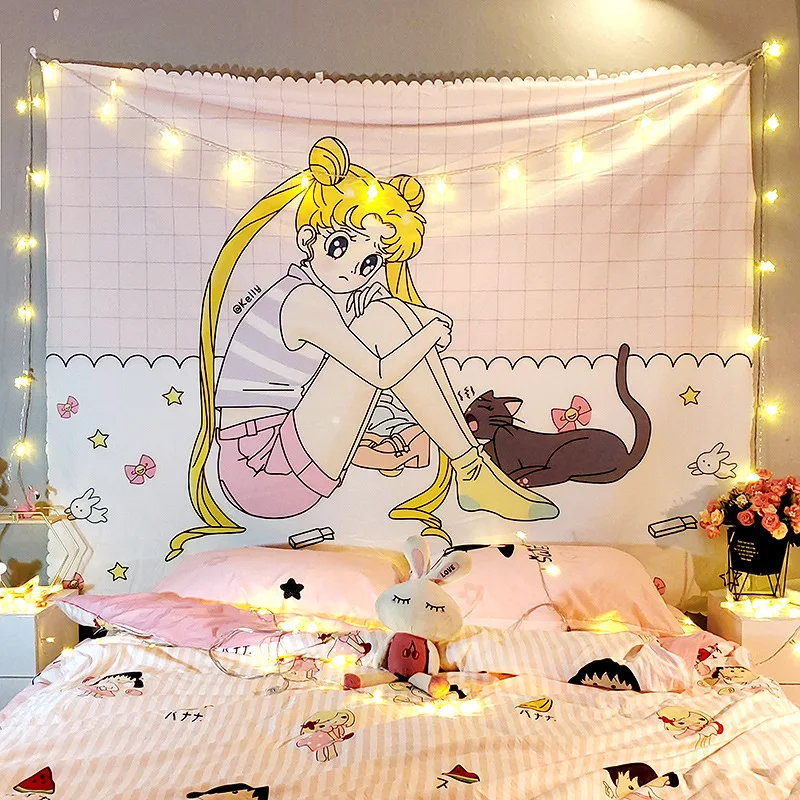 

Macrame anime tapestry kawaii cute woman girl's bedroom decor wall hanging pink tapestry japanese room decoration