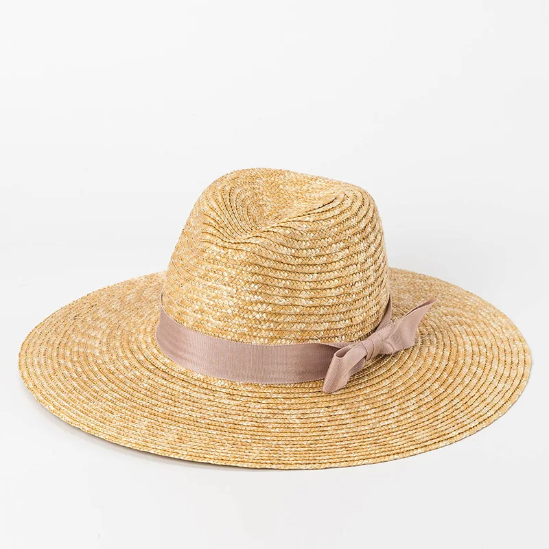 

202207-HH7214 dropshipping summer wide brim handmade straw pink bowknot ribbon lady fedoras cap women panama jazz hat