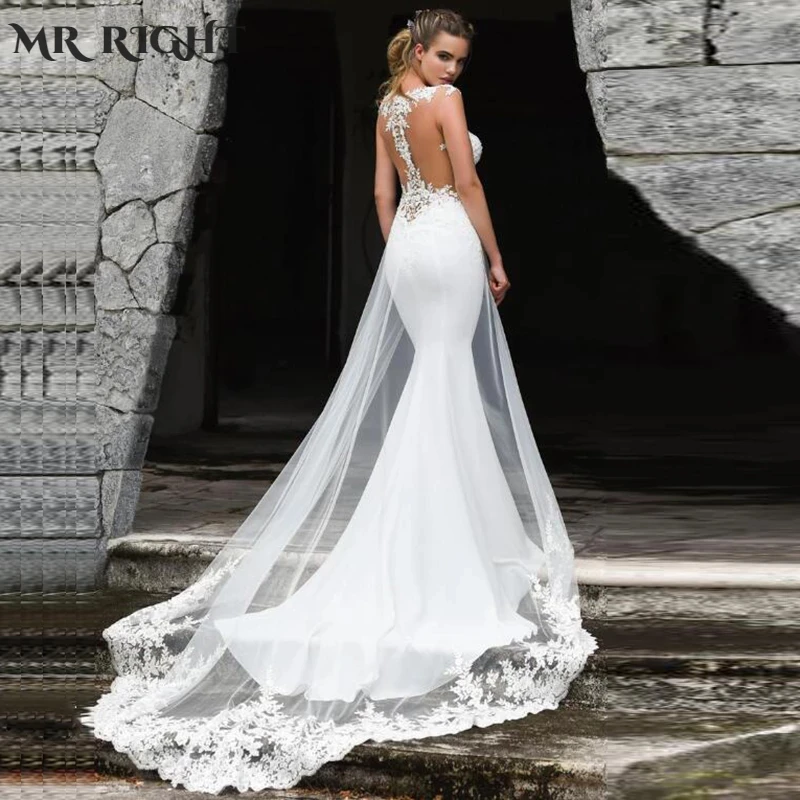 

Tulle Civil Mermaid Wedding Dress Sexy See Through Lace Applique Boho Bridal Gown With Train Vestido De Novia
