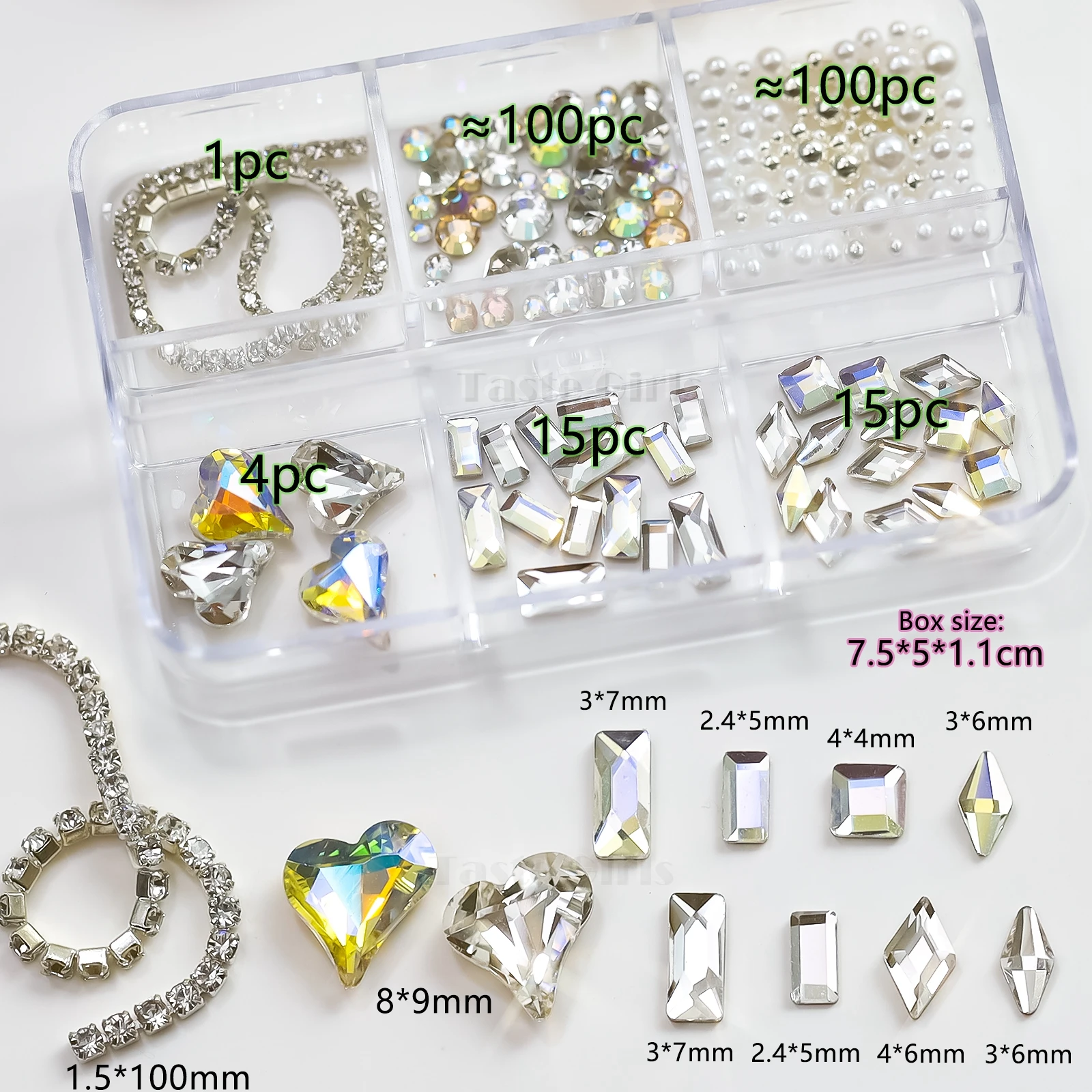 

6 Grids Moonlight White Mix Dimonds K9 Crooked Heart Alloy Chain Pearls Nail Art Jewelry Rhinestones Decorations Manicure Charms
