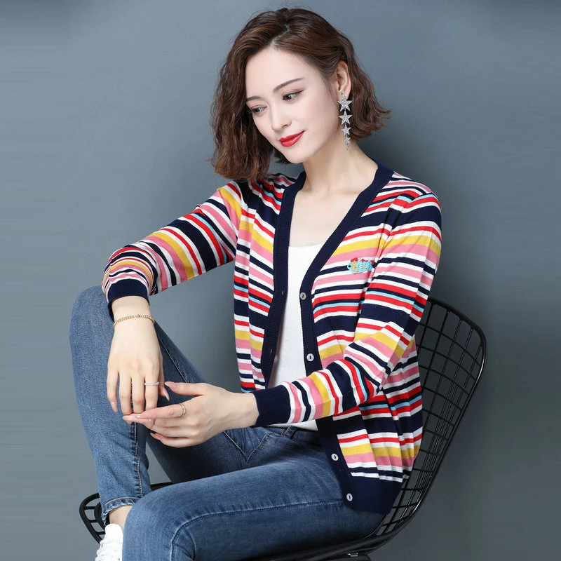 

Women Casual Soft Striped Cardigan Sweaters Multi-Colored Striped Knitwear V-Neck Single Breasted Knitting Coat Autumn Spring