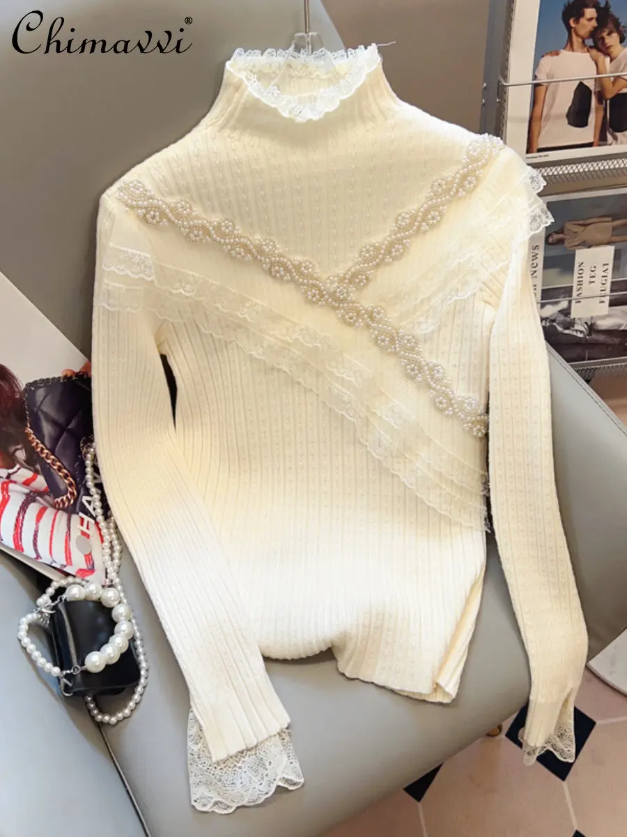 

Women's Half Turtleneck Sweater 2022 Autumn Winter New Fashion High-End Sweet Beaded Lace Ruffled Pullover Slim Bottoming Tops