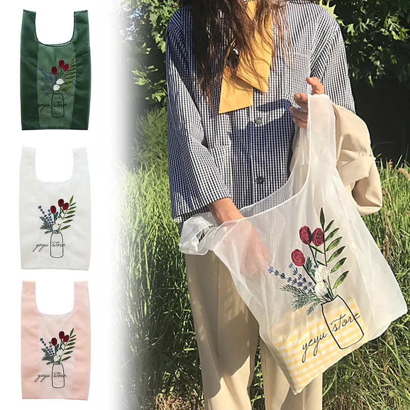 

1PC Girls Embroidered Bag Beach Bags Organza Yarn Cloth Bag Women Transparent Clear Handbag Embroidery Flowers High Quality