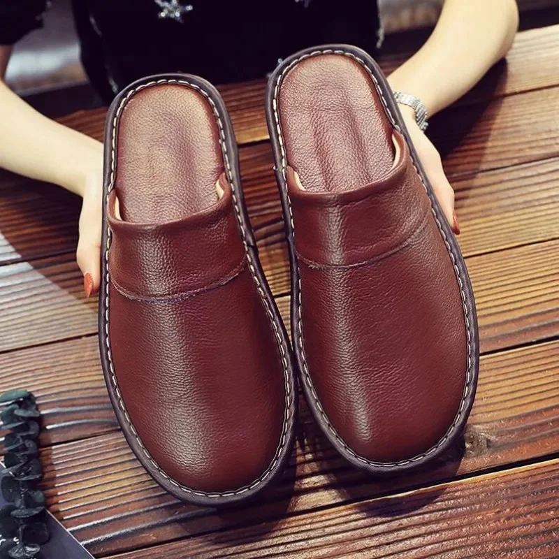 

Spring Autumn Indoor Shoes Men's Woman Slippers Plus Size 35 46 Man Concise brown Simple Leather Home For Men