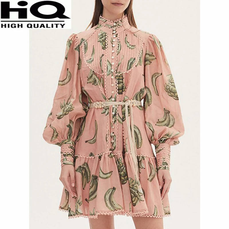 Temperament Elegant Stand Collar Hollow Out Belt Banana Print Flared Dress Women
