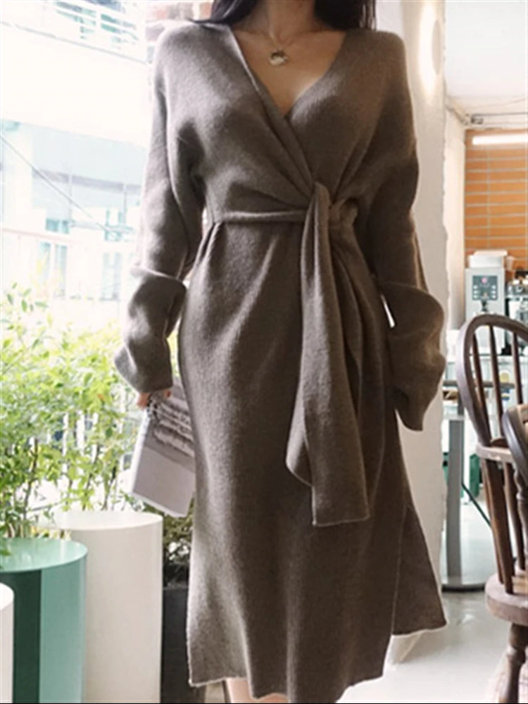 

Knitted Clothing Elegant 2022 Winter Thick Sweater Dress Women Autumn Dresses Vintage New Woman Solid Korean Warm Belt Vestido