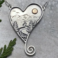 vintage style mountains and rivers trees sun birds river peach heart shape pendant necklace womens gift jewelry dropshipping