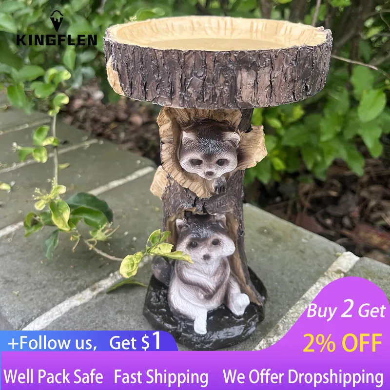 

1pc Outdoor Garden Bird Bath Resin Statue, Fairy Garden Tree Stump Shape Raccoon Sculpture For Yard Garden Lawn Park Decoration