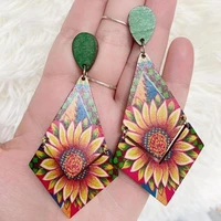 european and american popular national style geometric wood mosaic printing sunflower diamond earrings