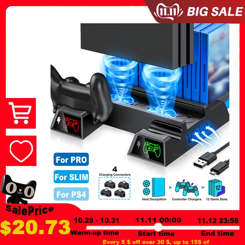 

Cooling Fan Stand for PS4/PS4 Slim/PS4 Pro Console Vertical Stand Cooler with Dual Controller Charger For PS4 Accessories